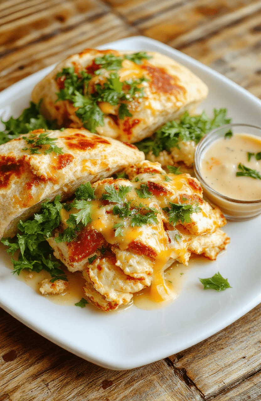 colorful cheesy chicken wraps on a white plate, golden brown tortilla with melted cheese, shredded chicken, fresh greens, and a side of dipping sauce, styled casually with vibrant lighting