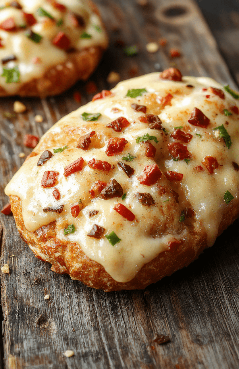 A golden, cheesy Christmas bread adorned with herbs and red and green toppings, sliced open to reveal gooey melted cheese, on a rustic wooden board with festive decorations around