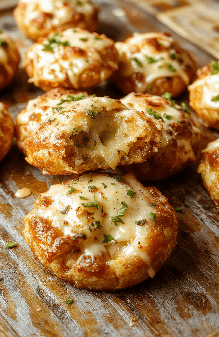 Golden-brown cheesy garlic parmesan bombs plated on a rustic wooden board with melted cheese oozing from the soft centers, garnished with chopped parsley, with a light dusting of Parmesan cheese on top, styled with a sprinkle of garlic and fresh herbs for an inviting, warm appearance.