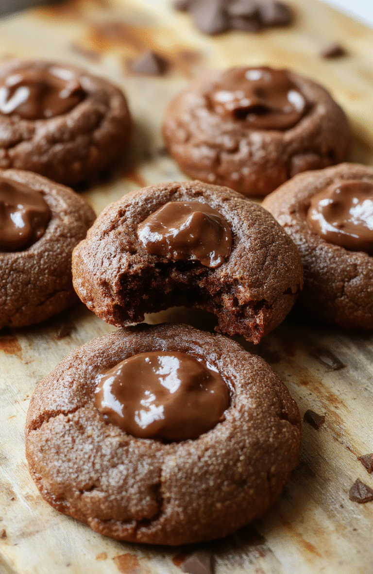 A plate of chewy chocolate thumbprint cookies with glossy chocolate filling in the center, arranged on a rustic wooden surface with subtle caramel and cocoa tones, styled with a few scattered chocolate chips and a dusting of powdered sugar for an enticing, homemade look.
