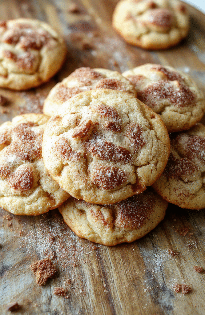 A plate of golden-brown soft snickerdoodles coated in cinnamon sugar, arranged on a rustic wooden platter with a sprinkle of cinnamon around. Clear close-up showing chewy texture, cracked surface with cinnamon coating, inviting and warm lighting emphasizing the cinnamon flavor and buttery softness