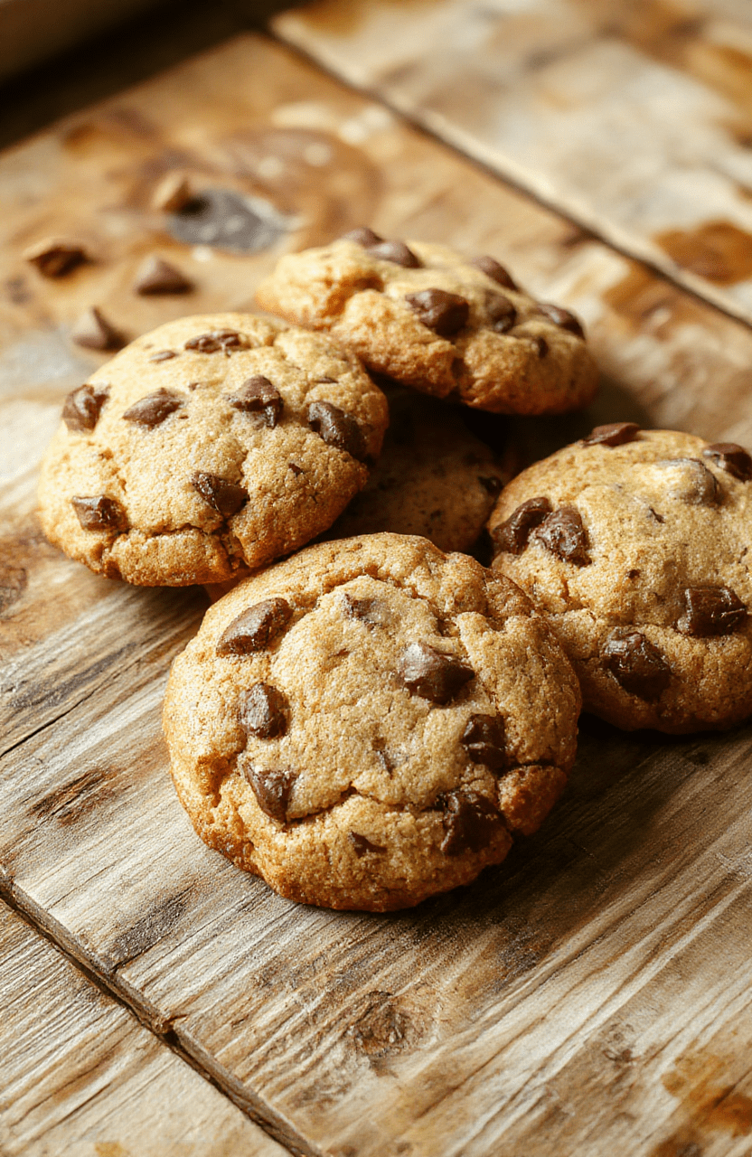 A rustic wooden table showcasing a plate of chewy cowboy cookies with golden-brown edges, chocolate chips visible, topped with a glass of milk, cozy warm lighting highlighting the texture and indulgence of the cookies.