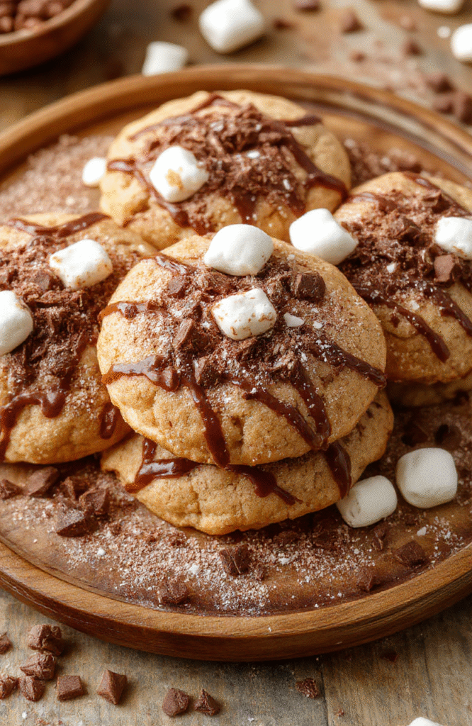 A close-up of chewy hot chocolate cookies on a rustic wooden plate with melted chocolate drizzle, topped with mini marshmallows, surrounded by cocoa powder and chocolate shavings, styled for a cozy winter setting