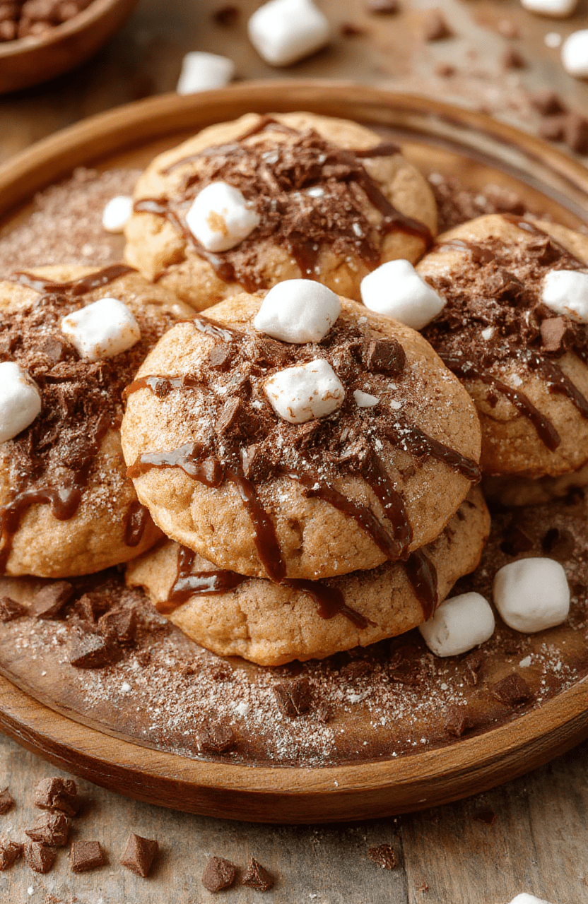 A close-up of chewy hot chocolate cookies on a rustic wooden plate with melted chocolate drizzle, topped with mini marshmallows, surrounded by cocoa powder and chocolate shavings, styled for a cozy winter setting
