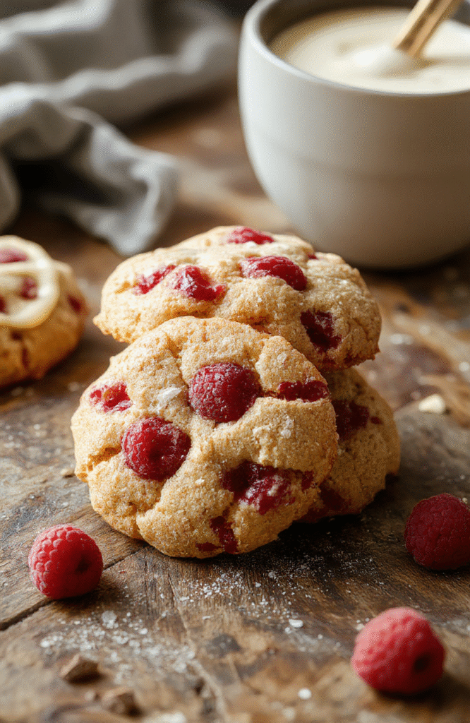 A close-up of chewy raspberry cookies arranged on a white plate, showcasing their golden-brown edges, vibrant red raspberries embedded in soft dough, and a powdered sugar dusting. The cookies have a slightly cracked surface, revealing a moist interior, styled with fresh raspberries and mint leaves for garnish, on a rustic wooden table with natural daylight.