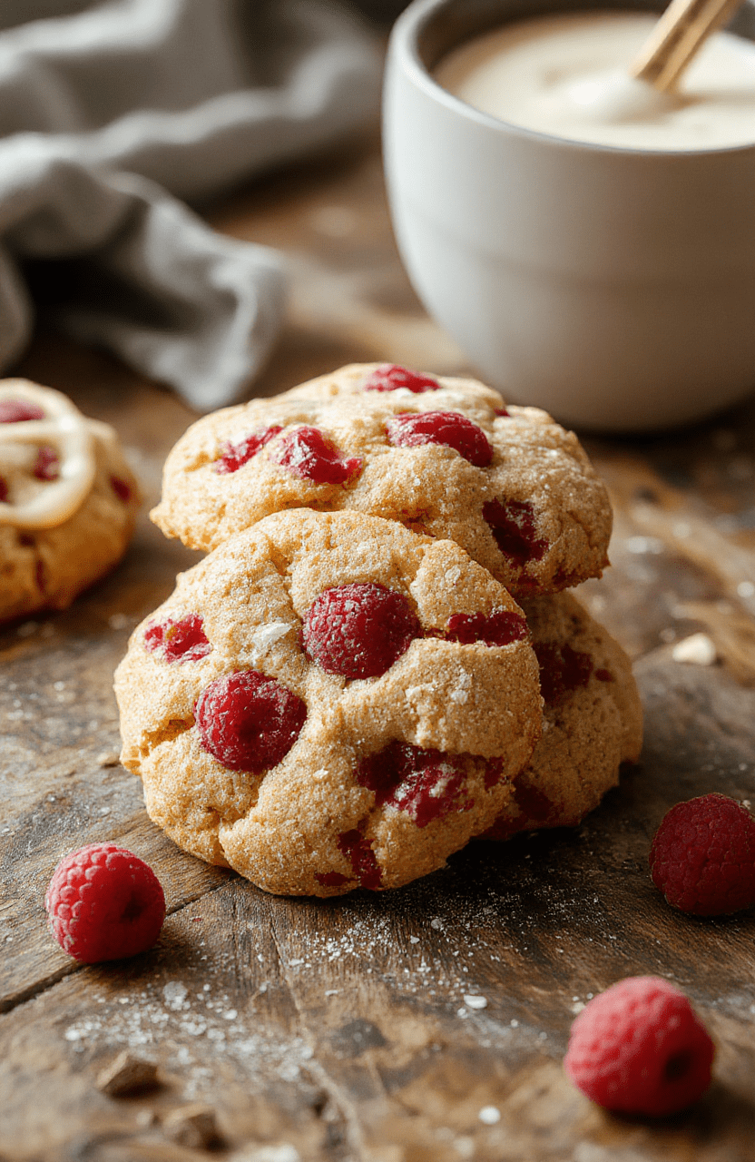 A close-up of chewy raspberry cookies arranged on a white plate, showcasing their golden-brown edges, vibrant red raspberries embedded in soft dough, and a powdered sugar dusting. The cookies have a slightly cracked surface, revealing a moist interior, styled with fresh raspberries and mint leaves for garnish, on a rustic wooden table with natural daylight.