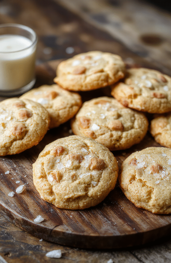 A batch of golden-brown chewy butterscotch cookies topped with a sprinkle of flaky sea salt, styled on a rustic wooden surface with a drizzle of melted butterscotch visible, showcasing their gooey texture and rich caramel color.