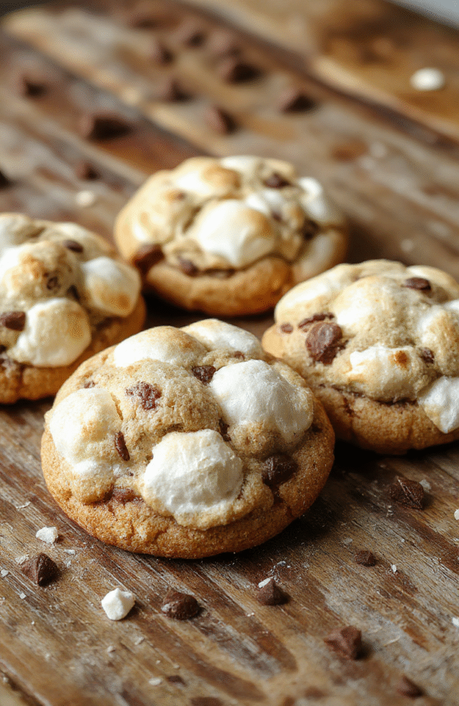 A close-up of freshly baked chewy s'mores cookies with toasted marshmallows and melted chocolate drizzled on a rustic wooden table, golden edges, gooey centers, topped with graham cracker crumbs, styled casually with a few scattered marshmallows and chocolate pieces.