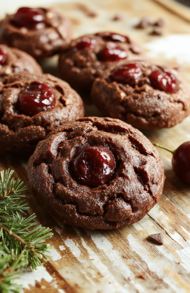 A plate of decadent chocolate cherry cookies showcasing glossy cherries embedded in rich chocolate dough, arranged on a rustic wooden surface with a backdrop of festive holiday decorations, natural light highlights the textures, with some cookies broken open to reveal moist interior and vibrant cherry filling.