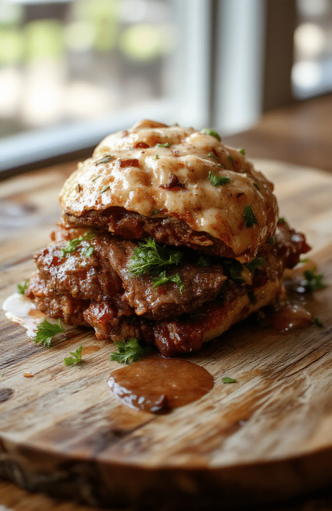 A beautifully plated Beef Wellington featuring a golden, flaky puff pastry crust encapsulating tender, perfectly cooked beef topped with a mushroom duxelles, garnished with fresh herbs on a rustic wooden board.