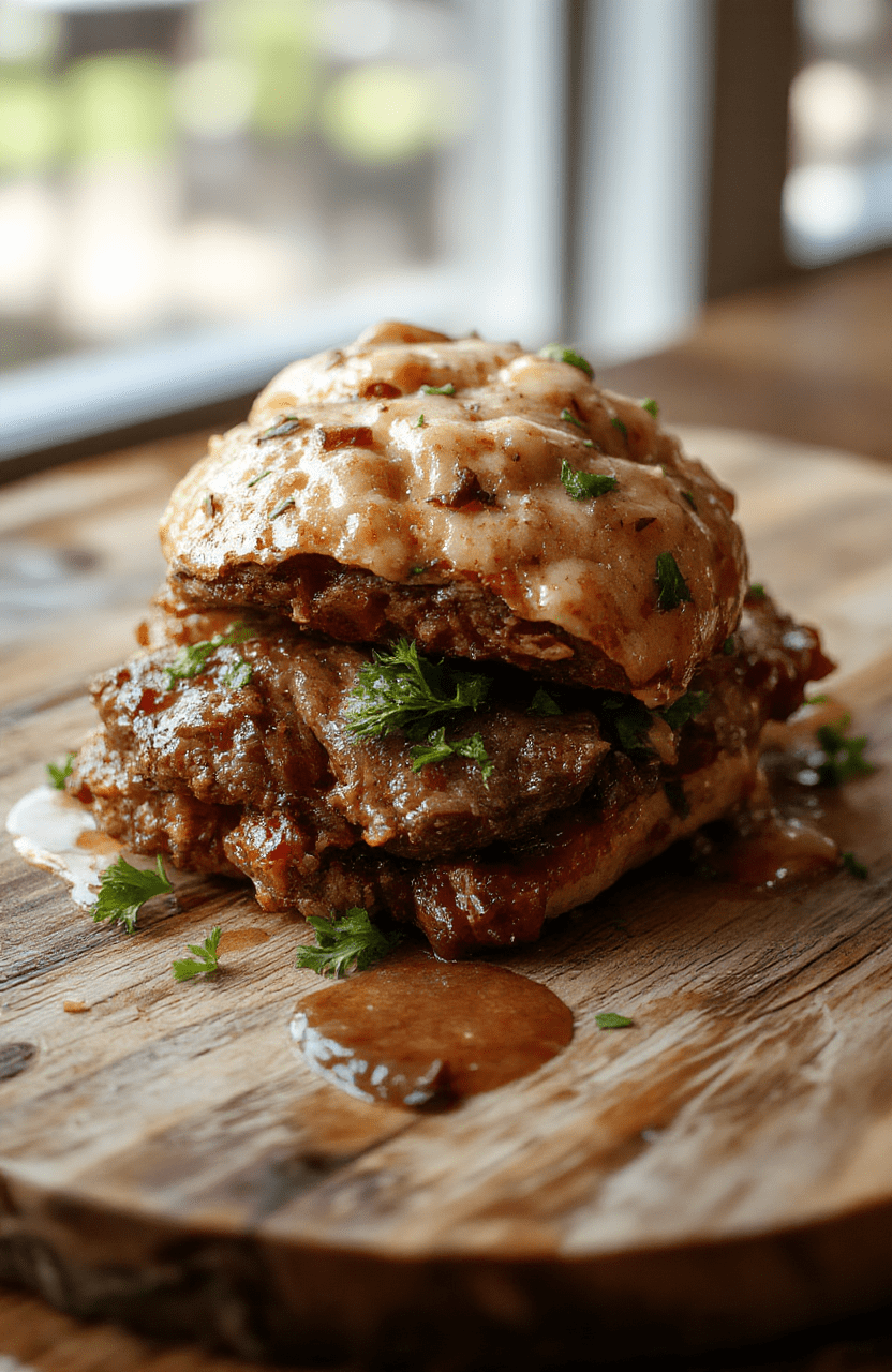 A beautifully plated Beef Wellington featuring a golden, flaky puff pastry crust encapsulating tender, perfectly cooked beef topped with a mushroom duxelles, garnished with fresh herbs on a rustic wooden board.