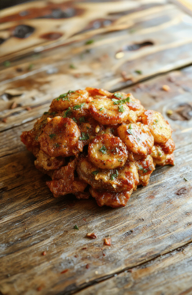 A steaming plate of hearty comfort food featuring golden-brown crispy edges, melted cheese, and colorful vegetables, artfully plated on a rustic wooden table with warm lighting and inviting ambiance.