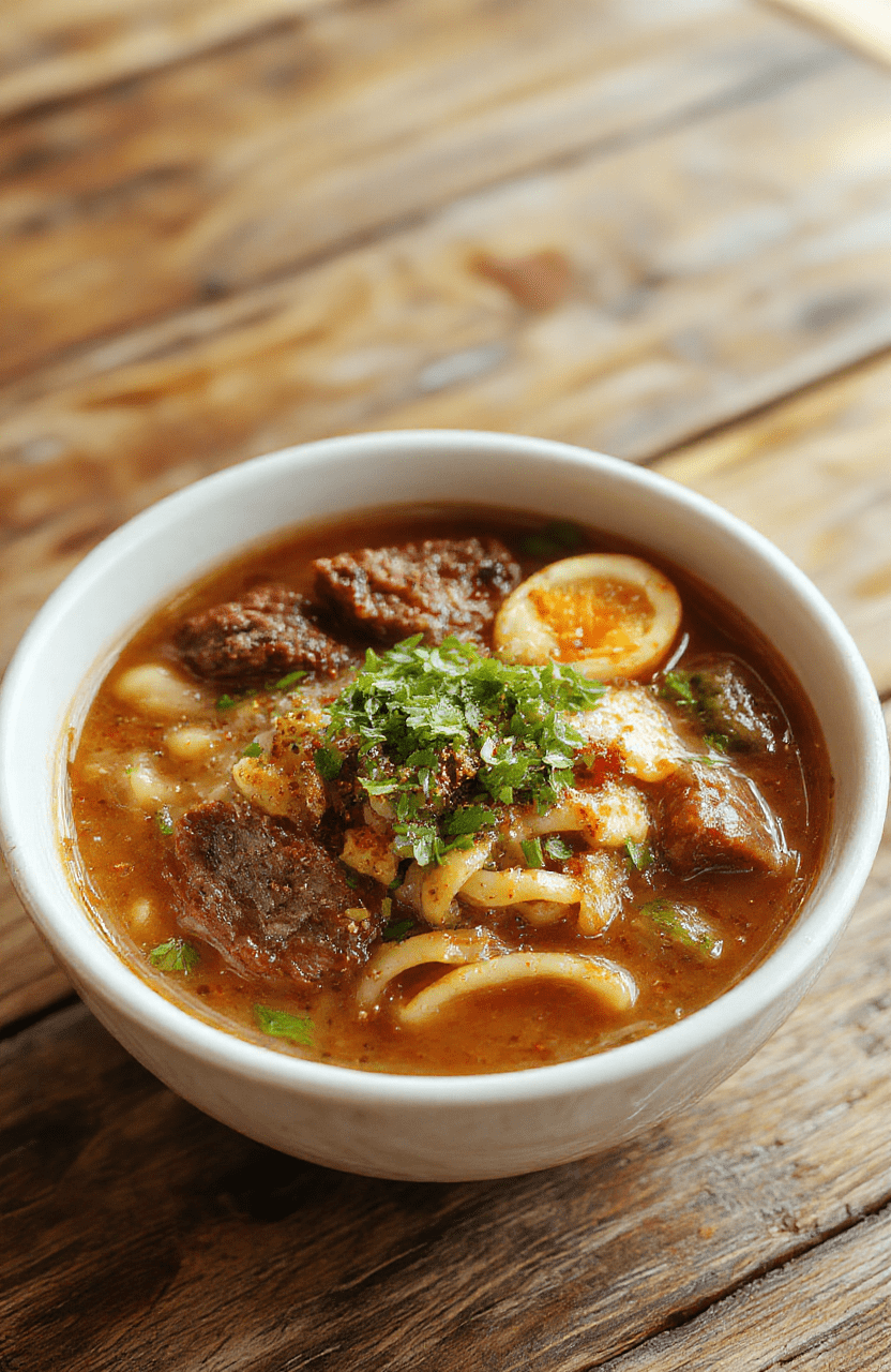 A steaming bowl of beef ramen noodles topped with sliced beef, soft boiled eggs, green onions, and sesame seeds, set on a rustic wooden table with a soy sauce and chopsticks nearby, capturing a warm and inviting Asian-inspired dish with vibrant colors and appealing textures.