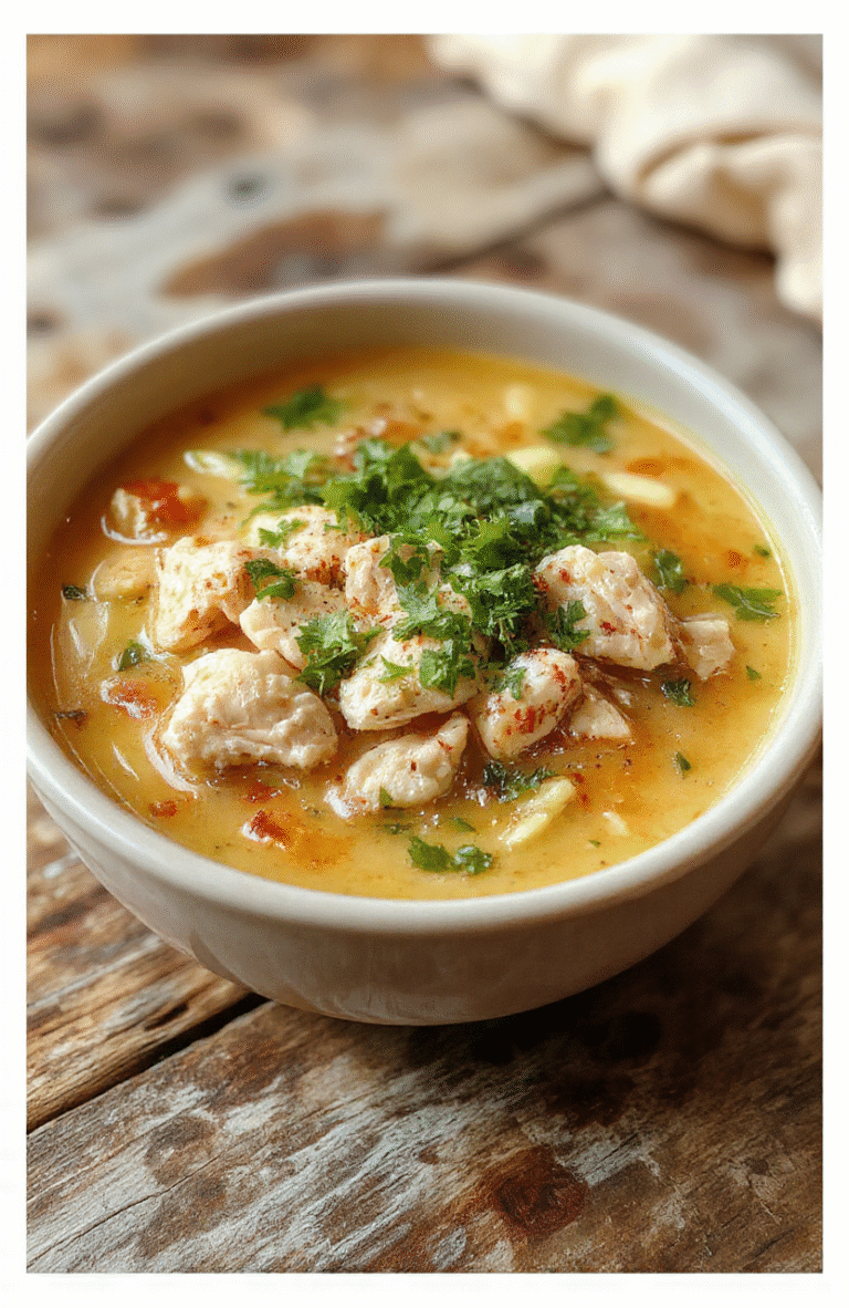 A steaming bowl of chicken noodle soup with tender shredded chicken, colorful vegetables, and soft noodles, garnished with fresh herbs, served in a rustic white bowl on a wooden surface, highlighting textures and vibrant colors.