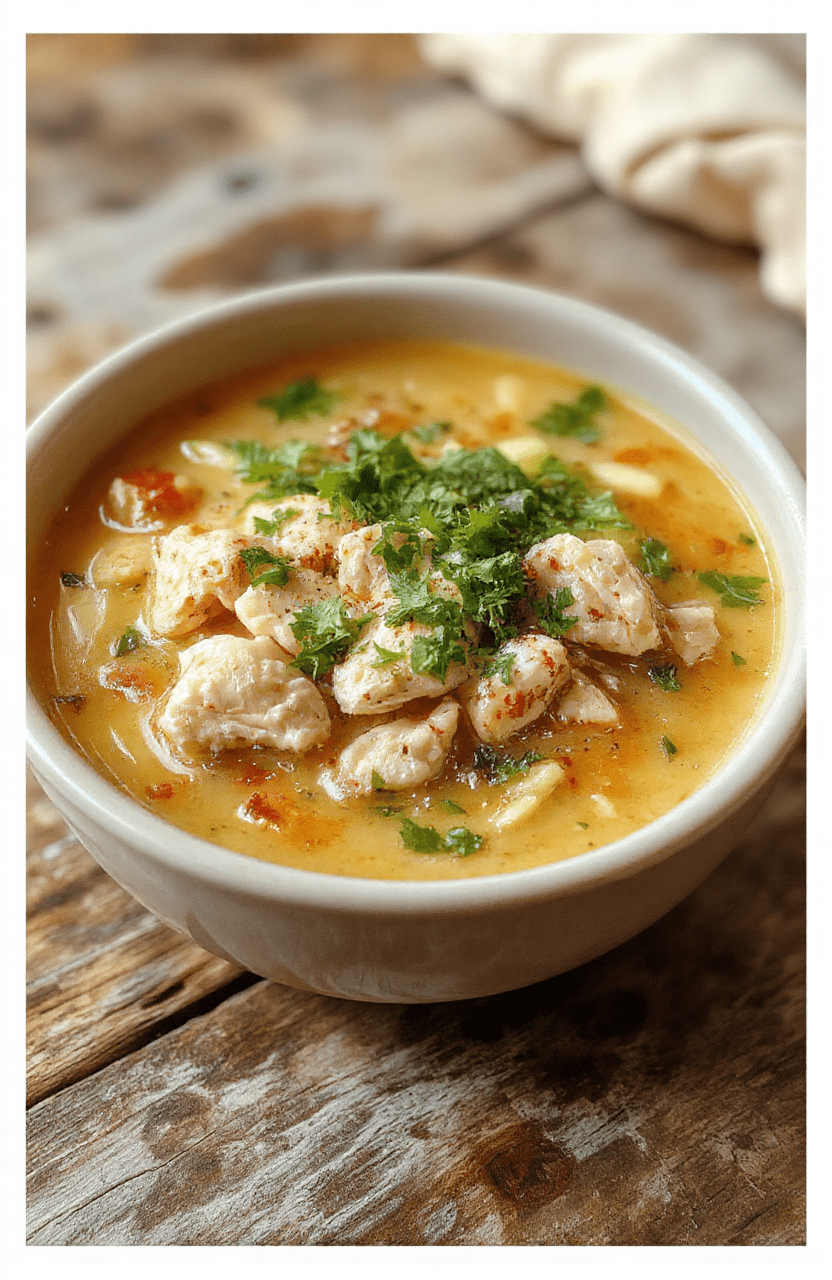 A steaming bowl of chicken noodle soup with tender shredded chicken, colorful vegetables, and soft noodles, garnished with fresh herbs, served in a rustic white bowl on a wooden surface, highlighting textures and vibrant colors.