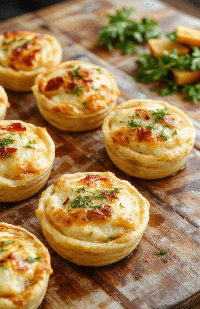 A tray of golden-brown mini chicken pot pies with flaky crusts, sitting on a rustic wooden table. The pies are filled with a creamy chicken and vegetable filling, with some filling slightly bubbling over the edges. Fresh herbs sprinkled on top add a pop of green. The background features a cozy, softly lit kitchen setting, emphasizing warmth and comfort.