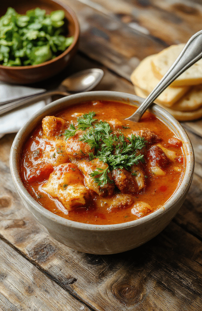 A vibrant bowl of lasagna soup with bubbling cheese, layered with rich tomato broth, fresh basil, and golden lasagna noodles, styled on a rustic wooden table with a spoon and Parmesan cheese scattered nearby.