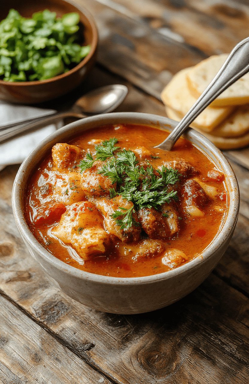 A vibrant bowl of lasagna soup with bubbling cheese, layered with rich tomato broth, fresh basil, and golden lasagna noodles, styled on a rustic wooden table with a spoon and Parmesan cheese scattered nearby.