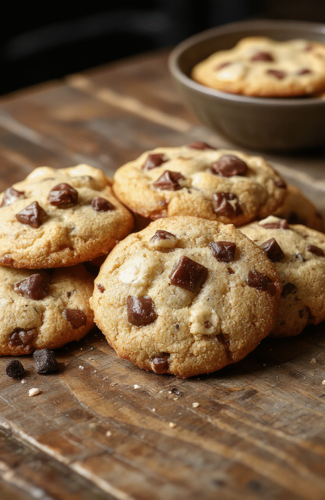 A close-up shot of freshly baked cowboy cookies with chocolate chunks and pecans, golden-brown and slightly crispy edges, placed on a rustic wooden platter with a soft-focus background of a cozy kitchen.
