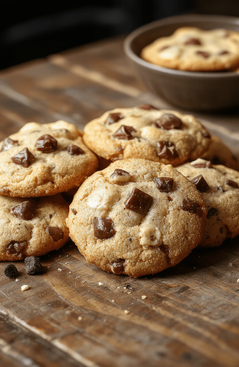 A close-up shot of freshly baked cowboy cookies with chocolate chunks and pecans, golden-brown and slightly crispy edges, placed on a rustic wooden platter with a soft-focus background of a cozy kitchen.