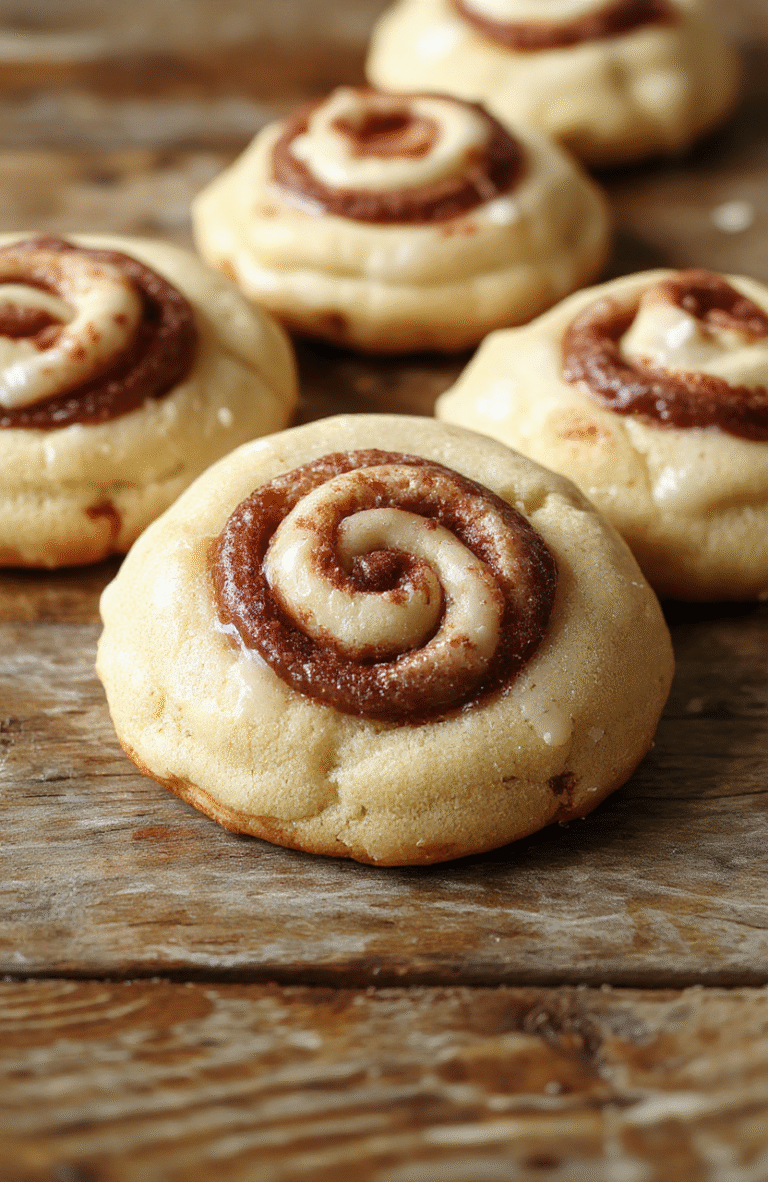 Beautifully arranged cinnamon roll cookies with swirled cinnamon filling, golden-brown edges, topped with a light glaze, on a rustic wooden platter with fall leaves in the background.