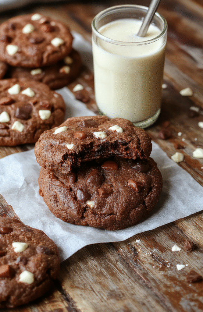A plate of warm, freshly baked hot chocolate cookies topped with mini marshmallows and a drizzle of chocolate, set on a rustic wooden table with a cozy winter background featuring soft knit blanket and a steaming mug of hot cocoa nearby.