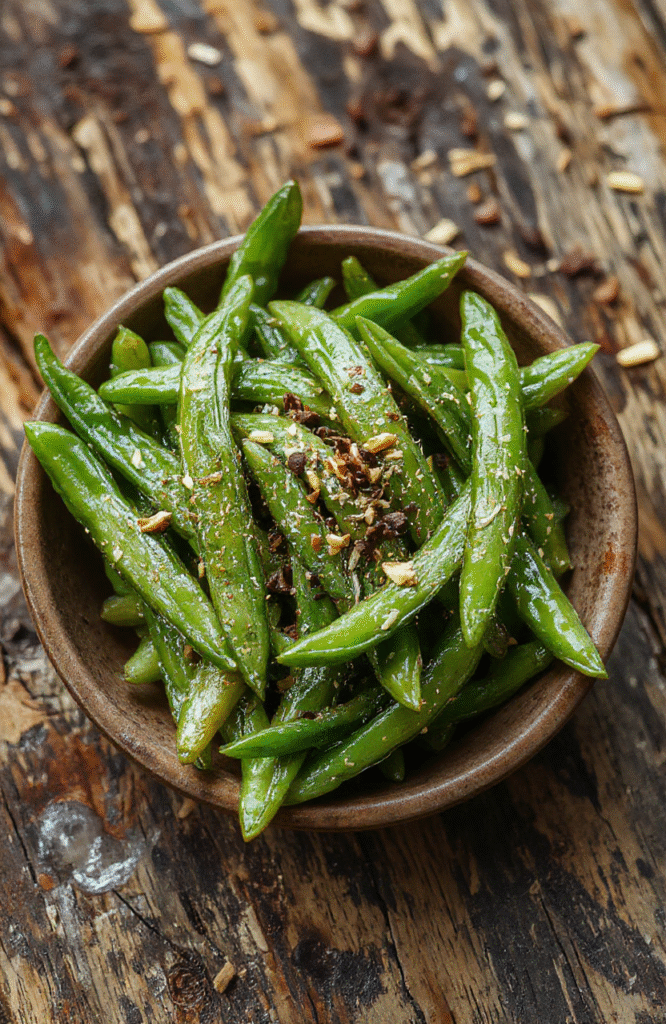 Bright green beans glazed with a shiny sauce, garnished with crispy bits and served on a white ceramic plate with a rustic wooden background, showcasing textures and vibrant colors.
