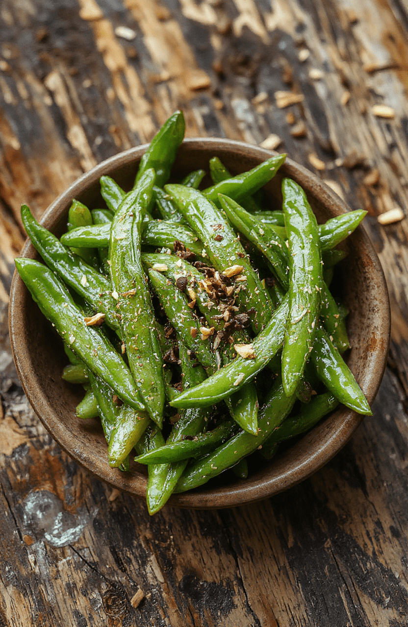 Bright green beans glazed with a shiny sauce, garnished with crispy bits and served on a white ceramic plate with a rustic wooden background, showcasing textures and vibrant colors.