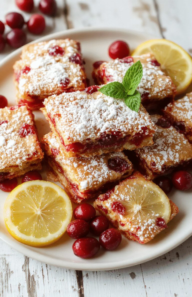 Brightly colored cranberry lemon bars on a white plate, topped with powdered sugar, surrounded by fresh cranberries and lemon slices, garnished with a sprig of mint, with a textured wooden background.