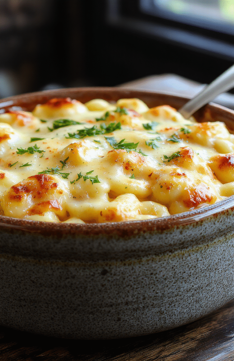 A close-up of a creamy baked mac and cheese dish in a rustic ceramic casserole, topped with golden toasted breadcrumbs, bubbling cheese, and vibrant green herbs, with steam rising gently, styled simply for a cozy look.