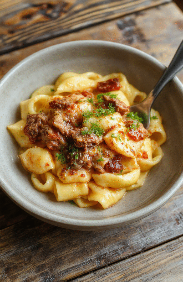 A vibrant plate of creamy beef and shell pasta featuring tender spiraled shells coated in a rich, cheesy sauce with browned ground beef, garnished with chopped parsley, set on a rustic wooden table with warm lighting highlighting the luscious textures and colorful ingredients.