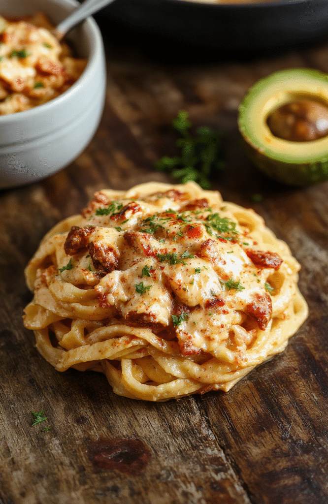 A vibrant plate of creamy Cajun pasta topped with fresh chopped parsley, showcasing tender pasta coated in rich, spicy sauce, garnished with colorful bell peppers and a sprinkle of herbs, styled simply on a rustic wooden surface with a natural, inviting atmosphere.