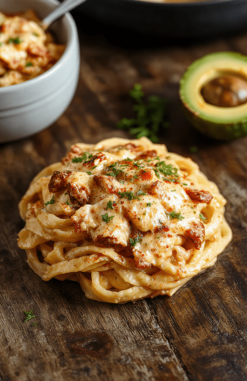 A vibrant plate of creamy Cajun pasta topped with fresh chopped parsley, showcasing tender pasta coated in rich, spicy sauce, garnished with colorful bell peppers and a sprinkle of herbs, styled simply on a rustic wooden surface with a natural, inviting atmosphere.