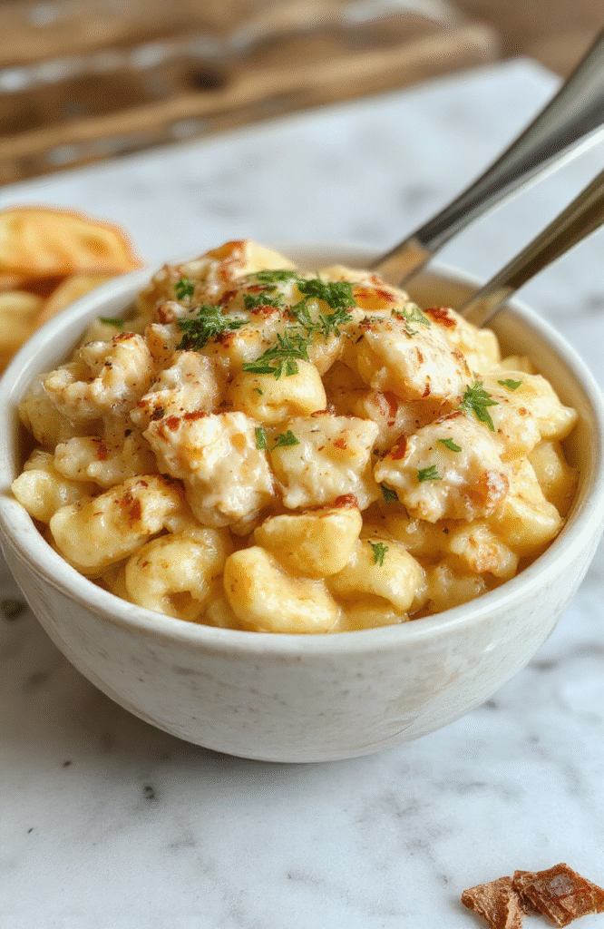 A creamy chicken mac and cheese served in a rustic white bowl, topped with shredded cheese and fresh herbs, surrounded by cooked pasta, tender chicken pieces, and a creamy sauce with golden crispy bread crumbs, styled casually on a wooden table with natural light highlighting the textures and vibrant colors.
