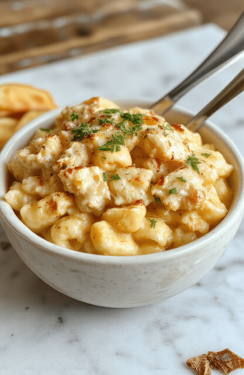 A creamy chicken mac and cheese served in a rustic white bowl, topped with shredded cheese and fresh herbs, surrounded by cooked pasta, tender chicken pieces, and a creamy sauce with golden crispy bread crumbs, styled casually on a wooden table with natural light highlighting the textures and vibrant colors.