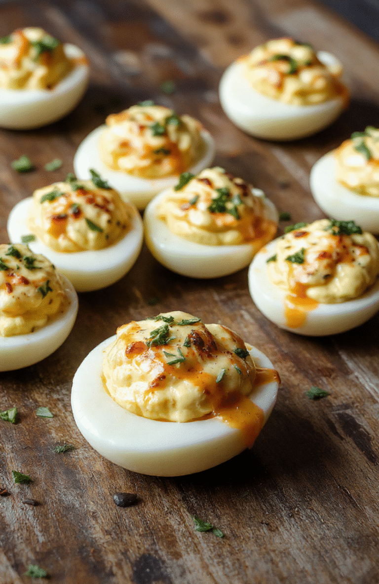 A close-up of a white plate with a dozen creamy deviled eggs topped with paprika and chives, arranged neatly on a rustic wooden table, with a soft focus background showcasing fresh ingredients and garnishes.