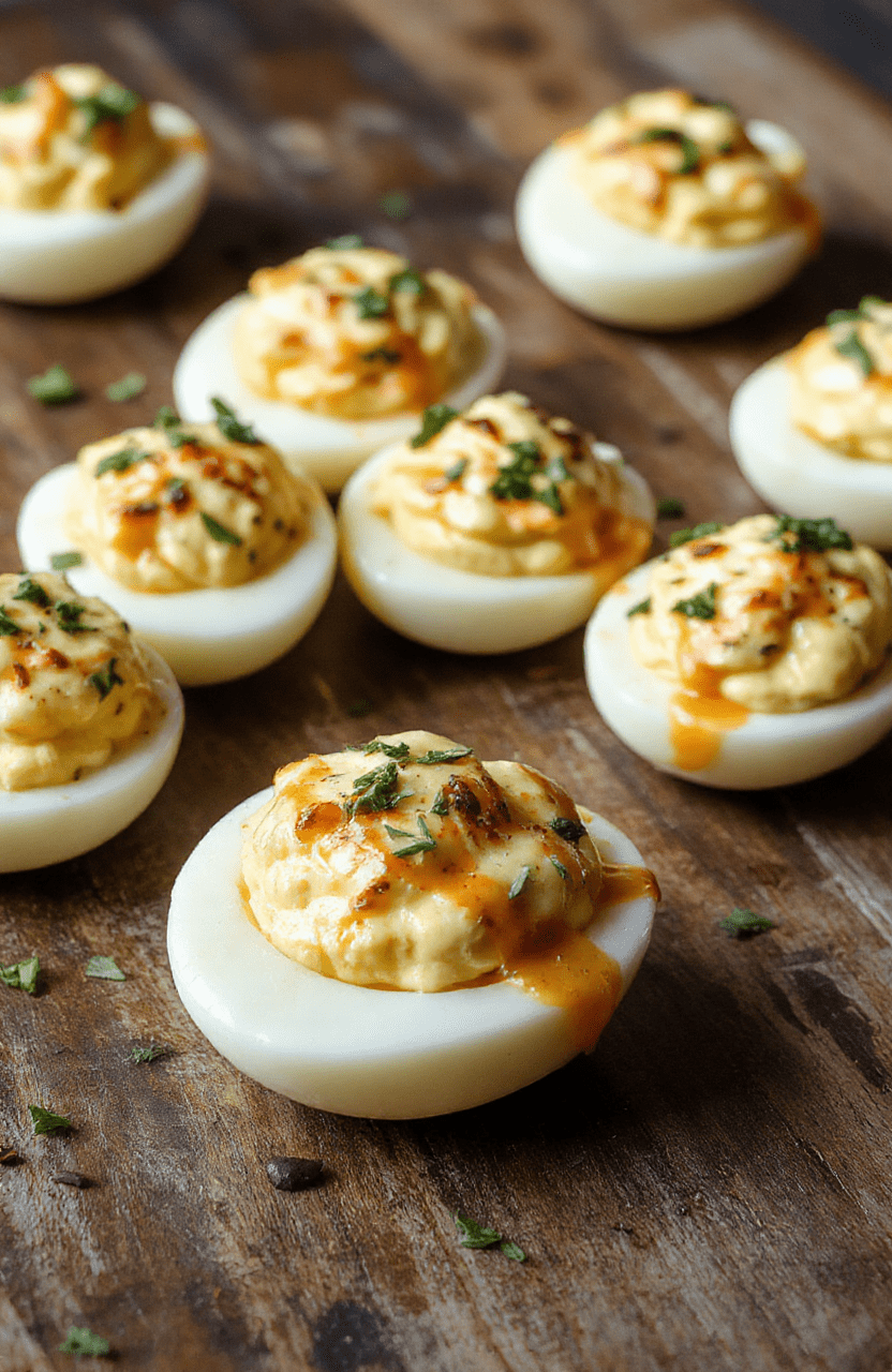 A close-up of a white plate with a dozen creamy deviled eggs topped with paprika and chives, arranged neatly on a rustic wooden table, with a soft focus background showcasing fresh ingredients and garnishes.