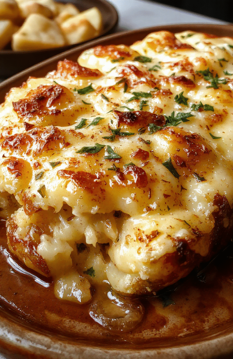 A beautifully baked potato gratin in a rustic ceramic dish, golden bubbly cheese topping, layers of tender sliced potatoes, garnished with fresh herbs, served on a wooden table with warm ambient lighting
