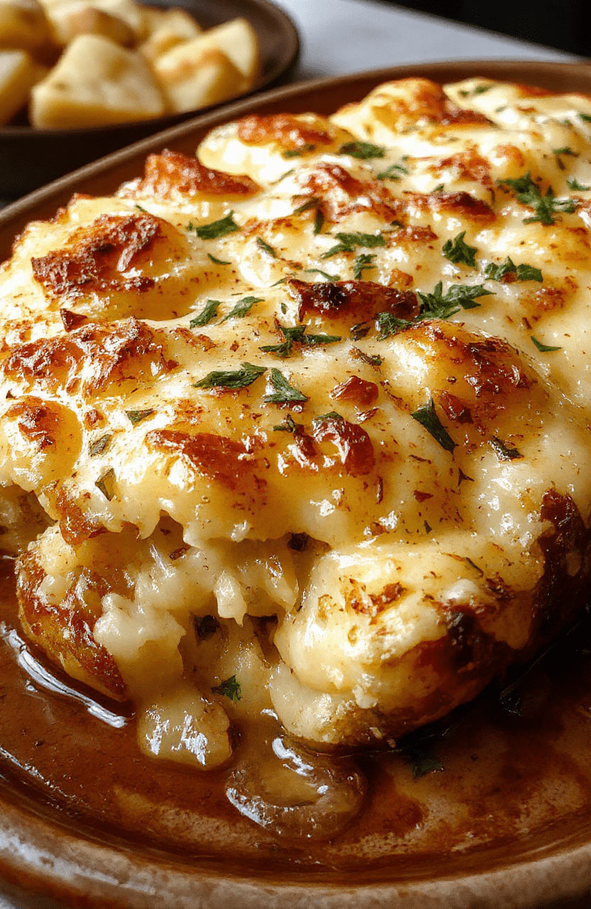 A beautifully baked potato gratin in a rustic ceramic dish, golden bubbly cheese topping, layers of tender sliced potatoes, garnished with fresh herbs, served on a wooden table with warm ambient lighting