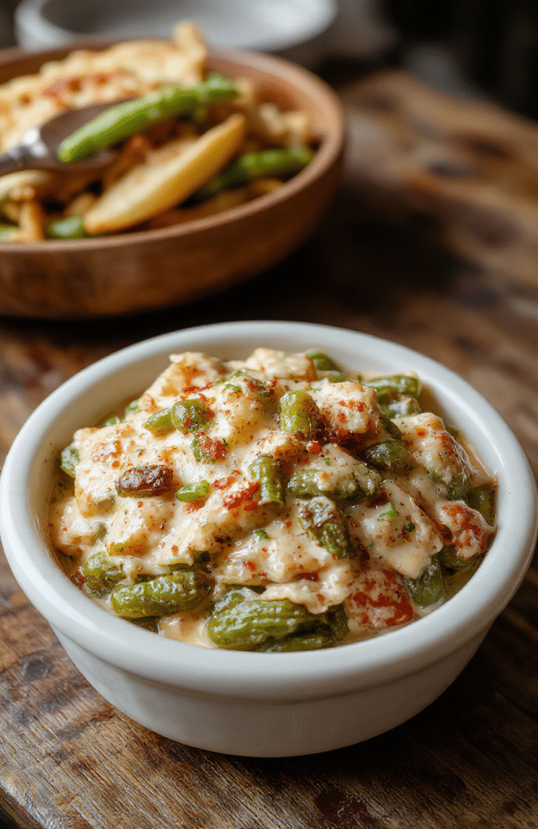 A vibrant and creamy green bean casserole served in a rustic white dish, topped with crispy fried onions, surrounded by fresh green beans, with a warm, inviting kitchen background.