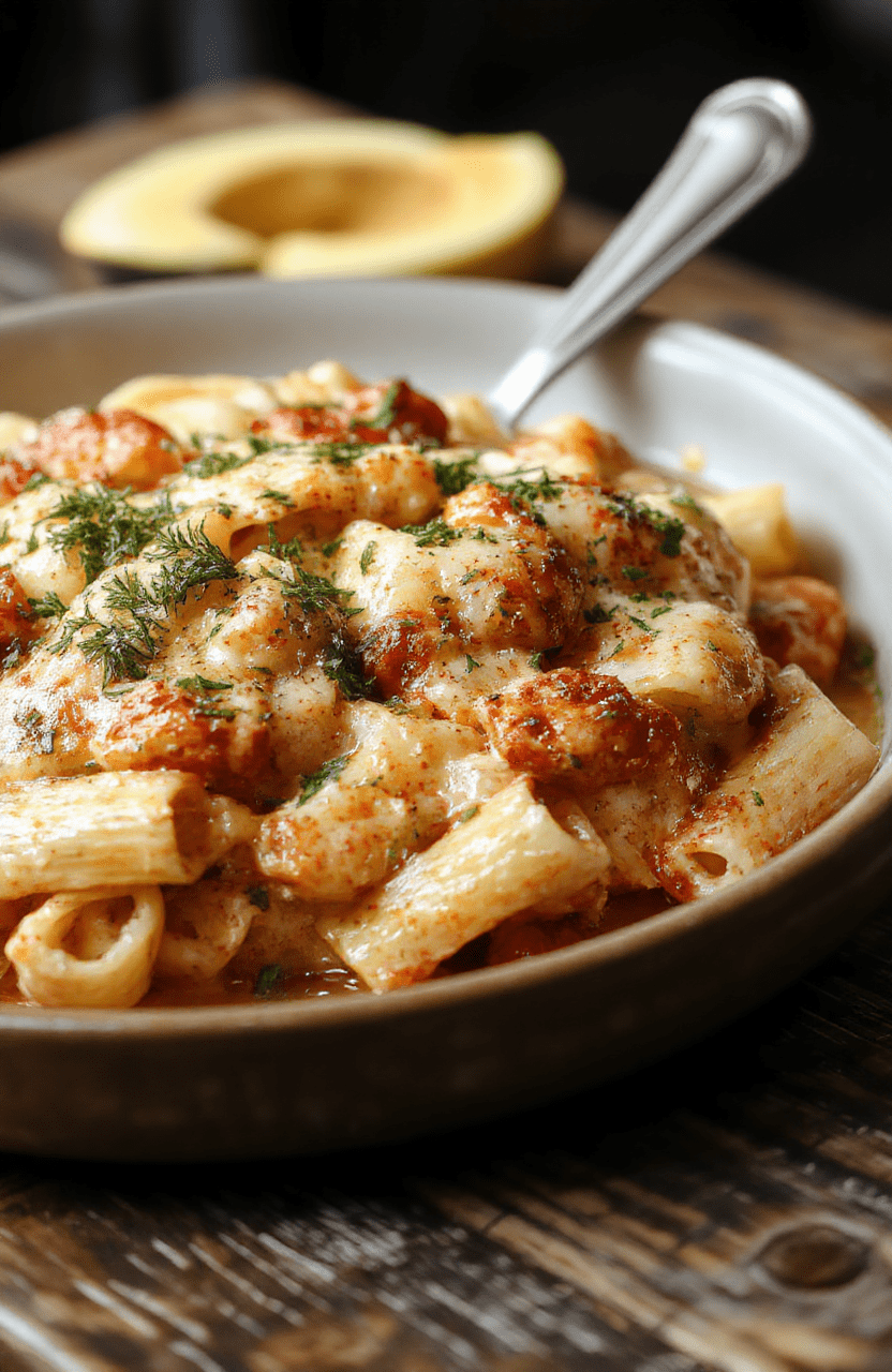 A close-up of a vibrant plate of creamy Italian rigatoni topped with melted cheese and fresh herbs. The dish showcases al dente rigatoni coated in a luscious sauce with hints of basil and parmesan, arranged on a rustic wooden table with a background of Italian ingredients like cherry tomatoes and garlic.