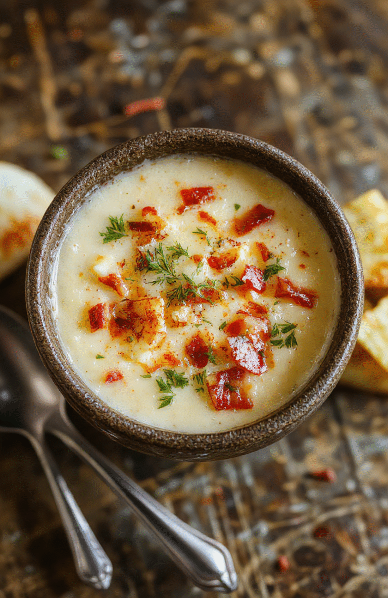 A steaming bowl of creamy loaded potato soup topped with crispy bacon bits, shredded cheese, chives, and sour cream, served with a rustic wooden spoon and a side of crusty bread, vibrant with warm golden hues and fresh green garnishes, styled simply for cozy comfort food appeal.
