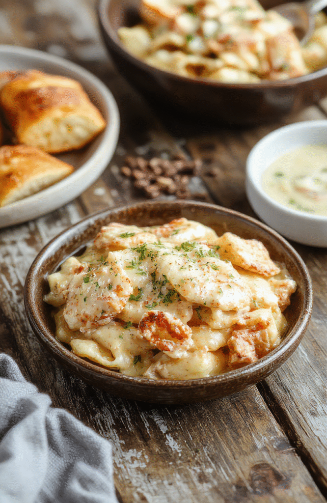 A creamy parmesan chicken pasta dish served on a white plate, featuring tender sliced chicken, al dente pasta coated in a rich, cheesy sauce, garnished with fresh parsley and grated Parmesan, with a rustic wooden table background and natural daylight highlighting the textures and vibrant colors.