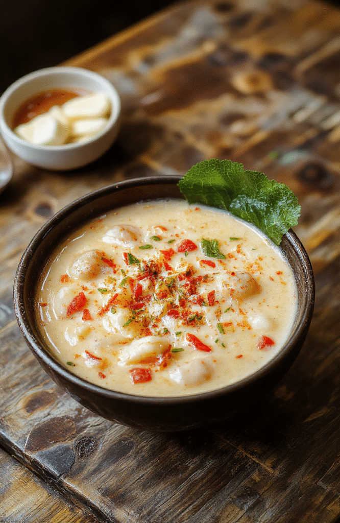 A vibrant bowl of creamy spicy Korean ramen featuring rich broth, chewy noodles, sliced green onions, fiery red chili flakes, and soft-boiled eggs, garnished with sesame seeds and fresh herbs on a rustic wooden table.