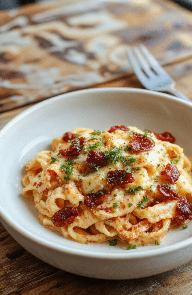 A vibrant plate of creamy spaghetti topped with chopped sun-dried tomatoes, fresh herbs, and grated cheese, styled casually on a rustic wooden table with a light background.
