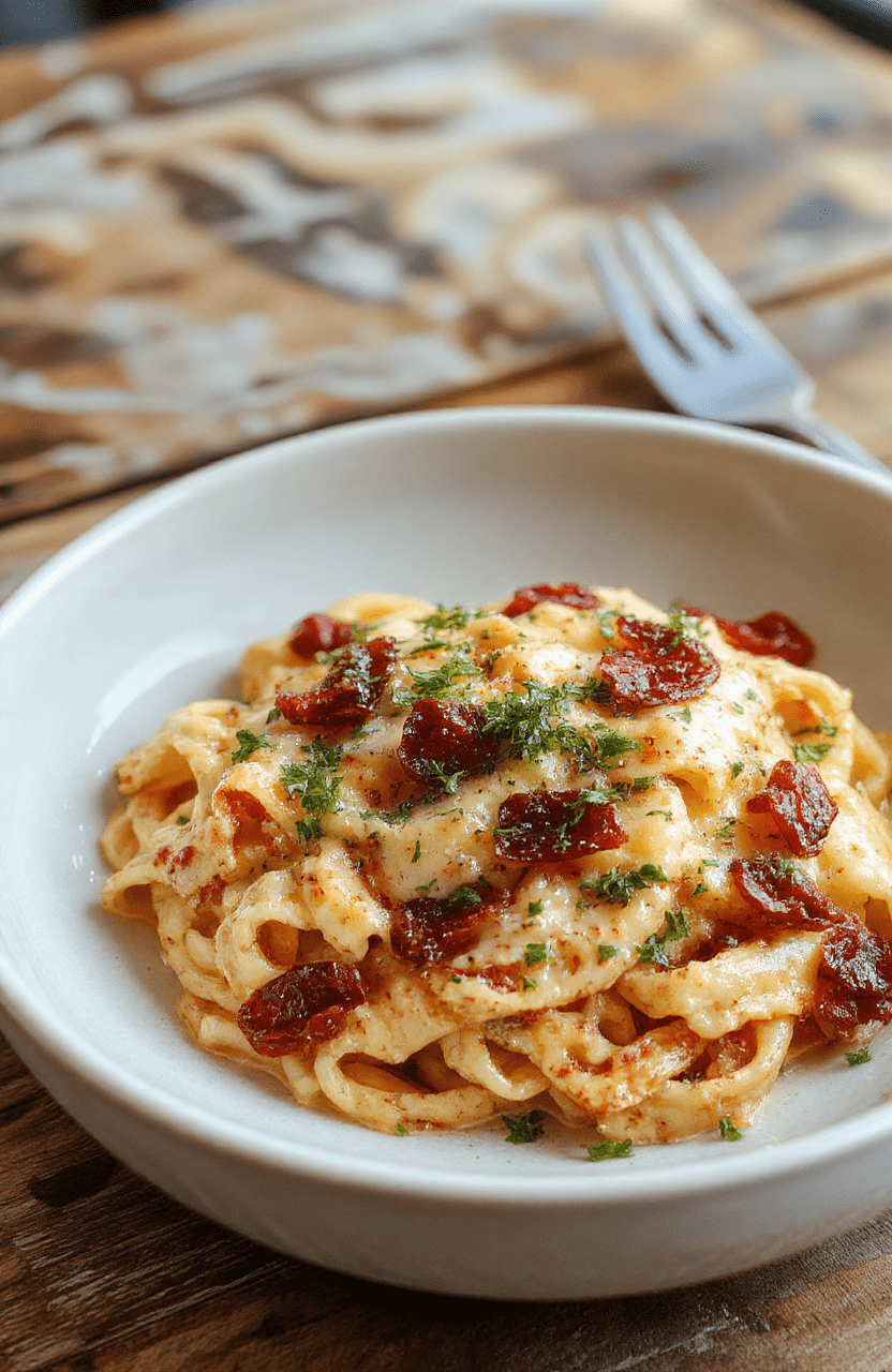 A vibrant plate of creamy spaghetti topped with chopped sun-dried tomatoes, fresh herbs, and grated cheese, styled casually on a rustic wooden table with a light background.
