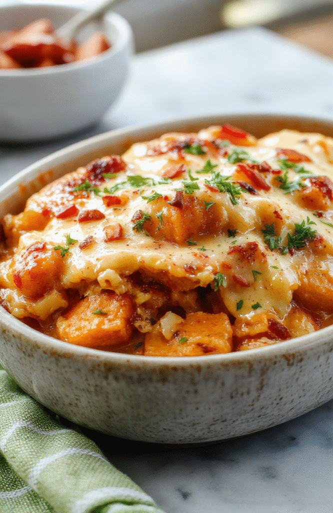 A vibrant baked sweet potato casserole topped with crunchy pecans and melted marshmallows, served in a rustic ceramic dish with a golden exterior, surrounded by fresh herbs and a festive holiday table setting.
