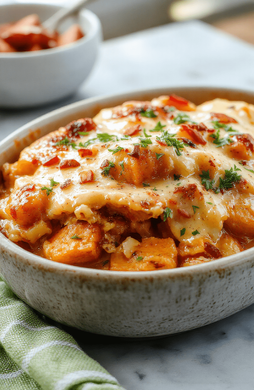 A vibrant baked sweet potato casserole topped with crunchy pecans and melted marshmallows, served in a rustic ceramic dish with a golden exterior, surrounded by fresh herbs and a festive holiday table setting.
