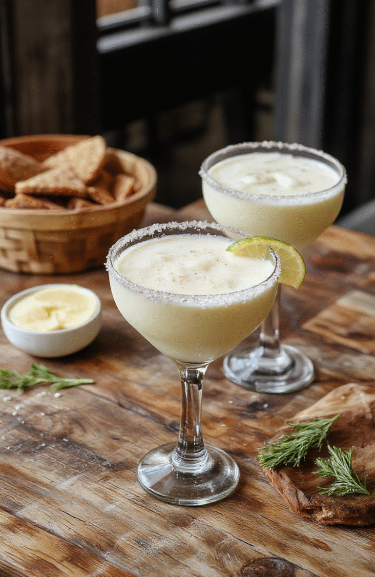 A vibrant cocktail glass filled with creamy white margarita, garnished with lime wedges and festive red berries, set on a rustic wooden table with holiday ornaments in the background. The drink's smooth texture contrasts with colorful garnishes, creating an inviting holiday vibe.