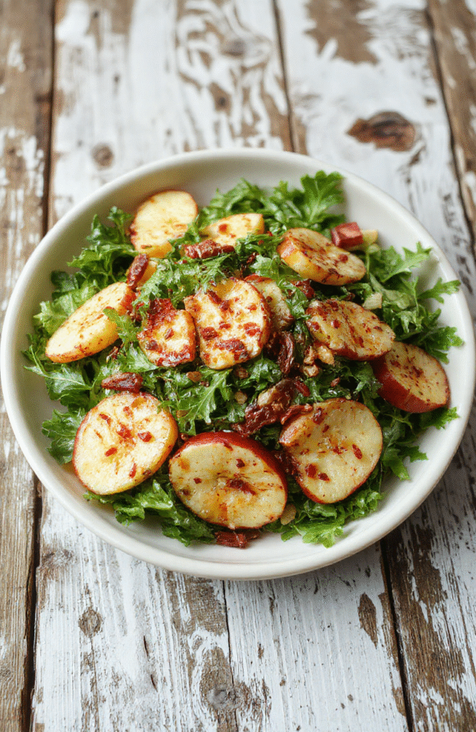 A vibrant salad featuring crisp red apple slices, fresh arugula leaves, toasted walnuts, and crumbled feta cheese, beautifully arranged on a white ceramic plate with a light drizzle of vinaigrette, showcasing contrasting colors and textures.